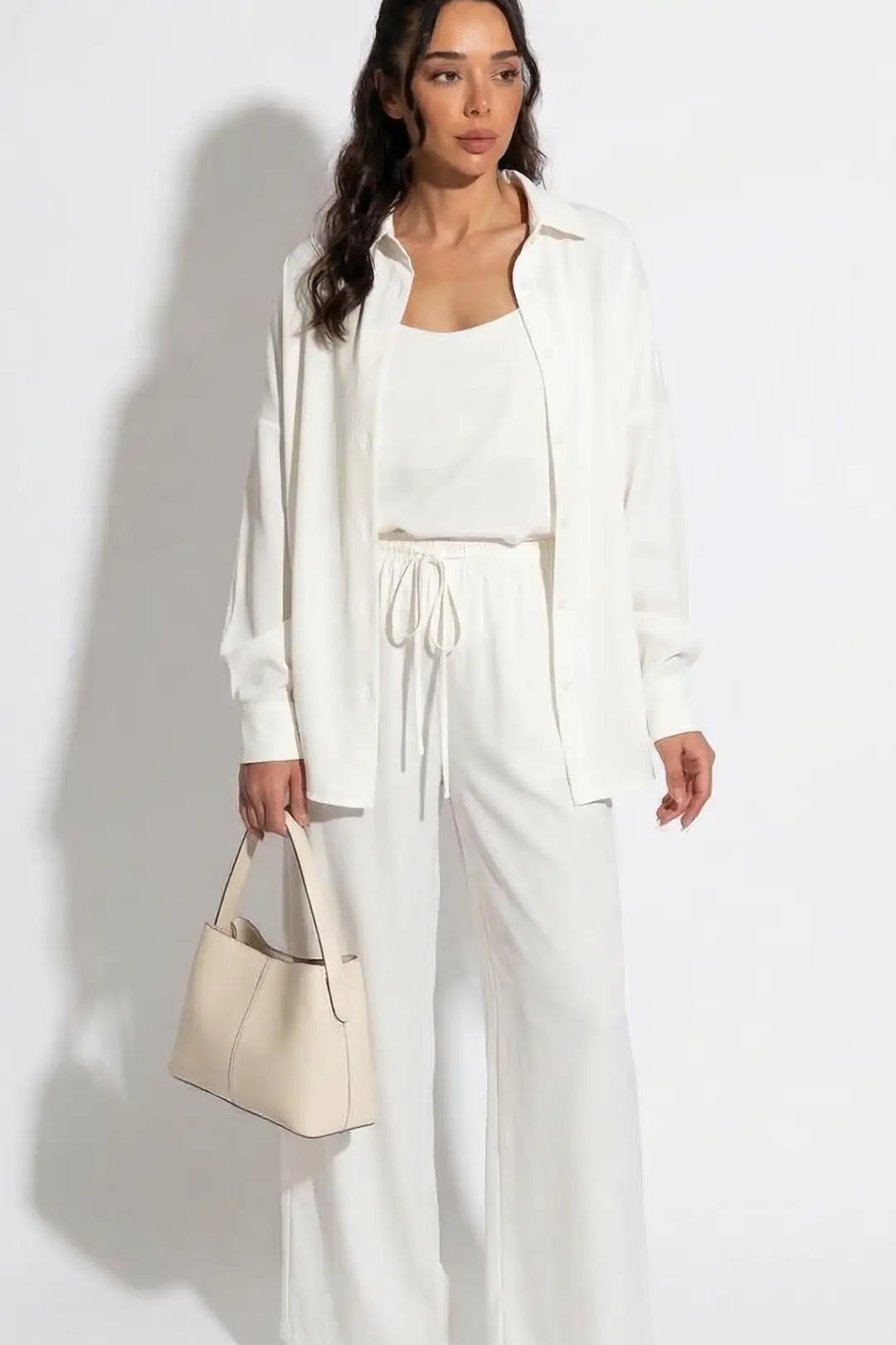 Beli Lastikli Pantolon , Askılı Bluz , Gömlek Üçlü Set