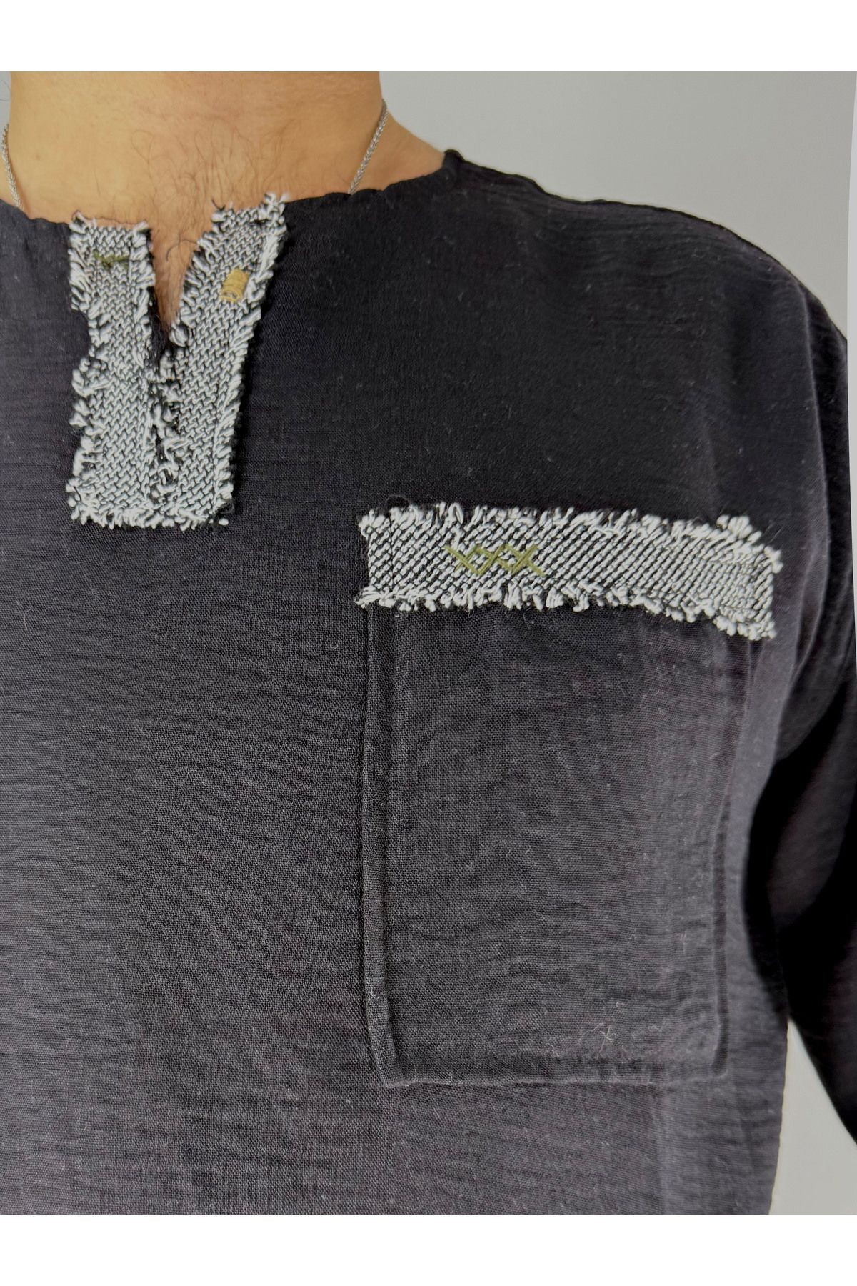 El İşi Yaka ve Cep Pis Dikiş Oversize T-Shirt (Siyah)