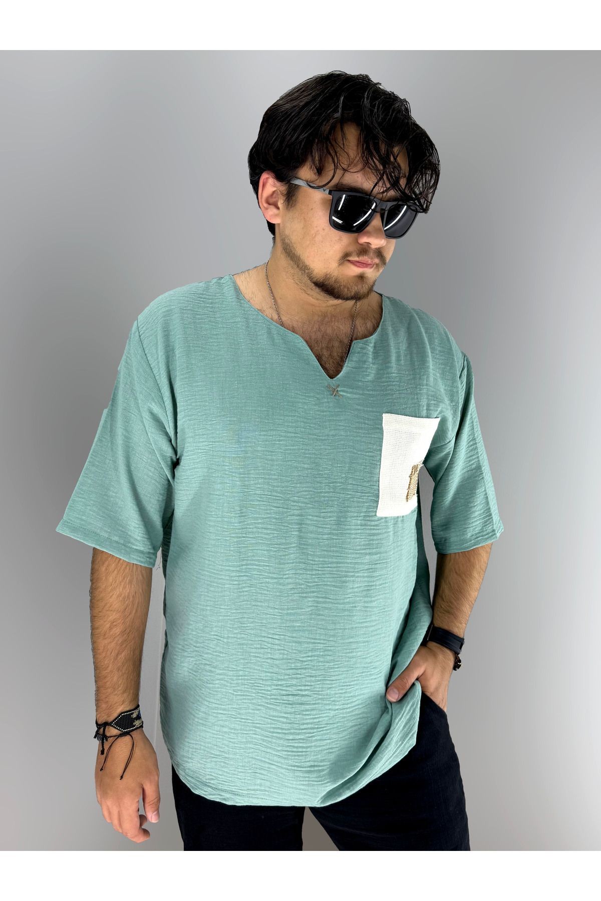 Muslin Armut Yaka ve Cep Etnik Desen T-shirt (Lacivert)