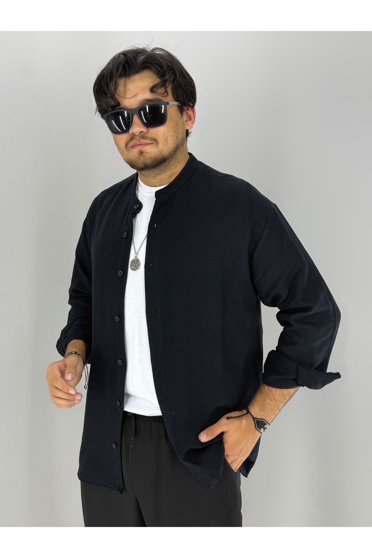 Müslim Kumaş rahat oversize Hakim Yaka Gömlek (Siyah)