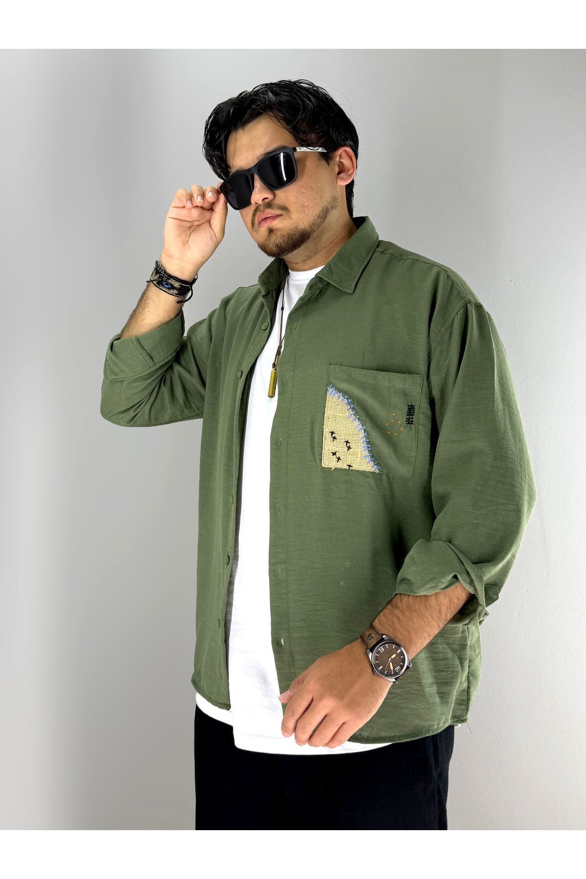 Nakış Hasır Cep Detaylı Oversize Gömlek(Haki)