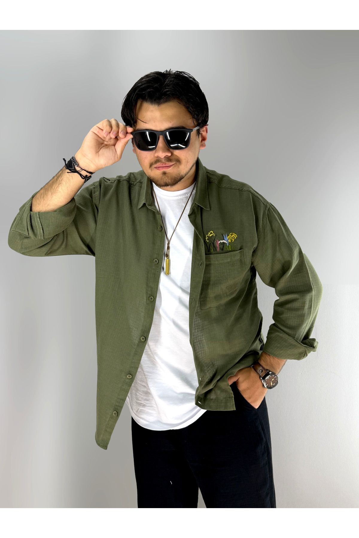 Cebi Çiçek Nakışlı Pamuk Keten Oversize Gömlek (HAKİ)