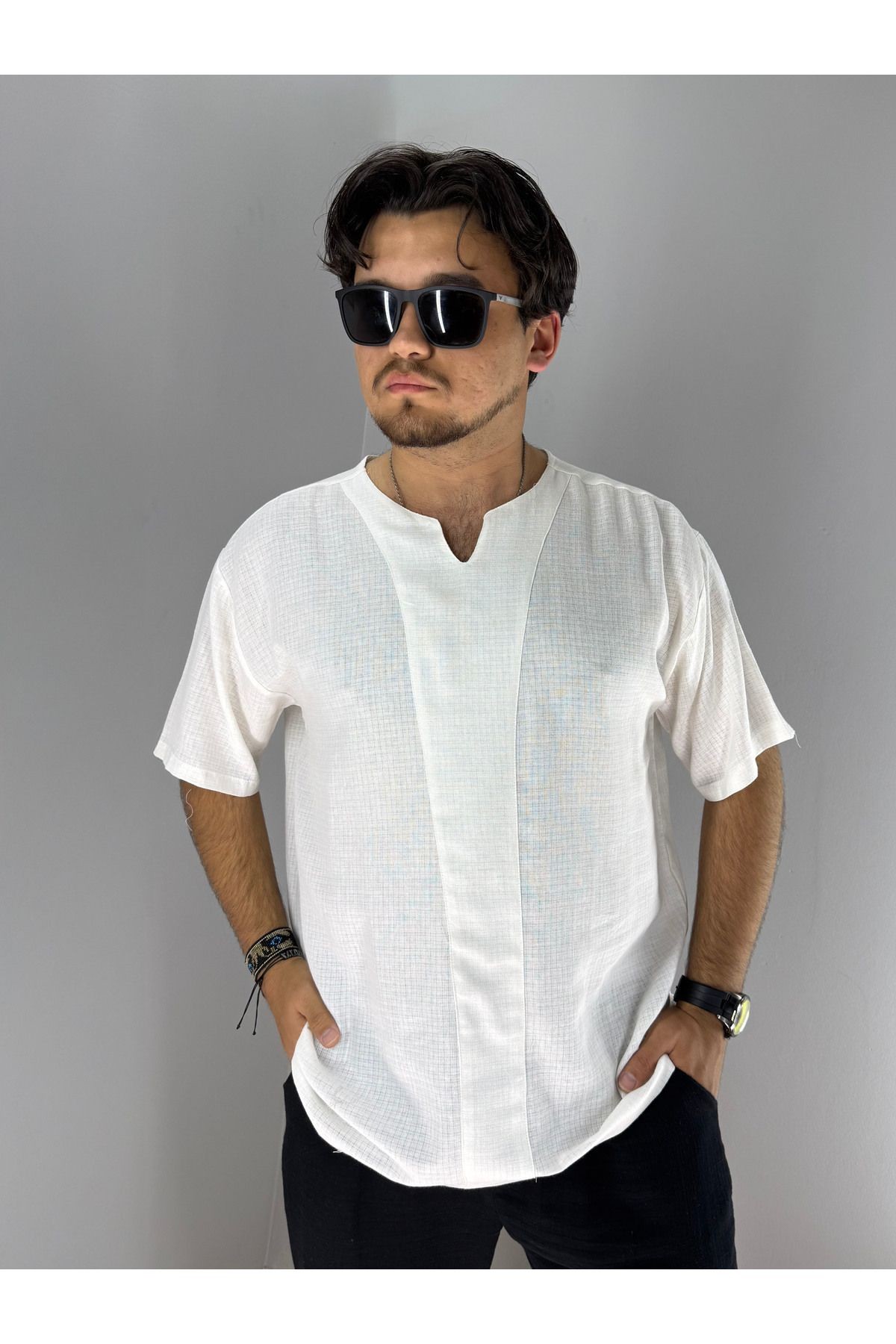 Armut Yaka Keten T-Shirt (Beyaz)