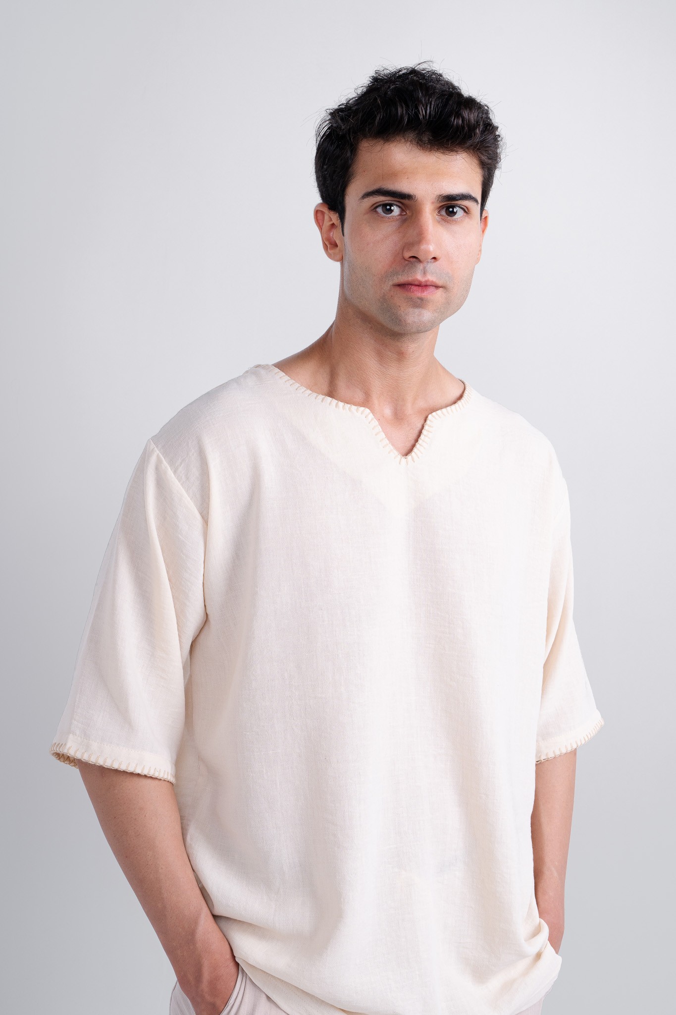 Oversize Kroşatalı Pamuk Keten T-Shirt