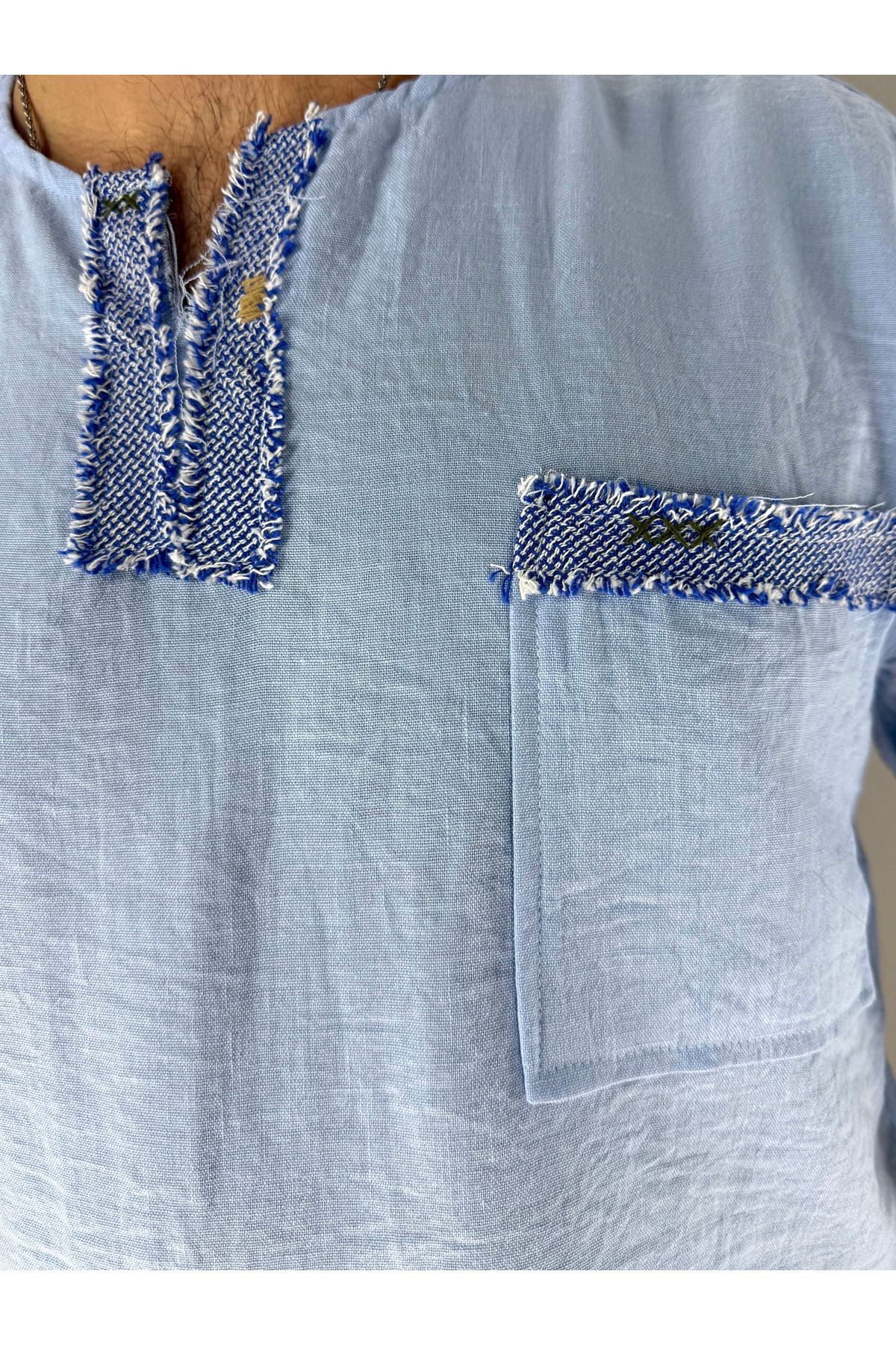 El Işi Yaka Ve Cep Pis Dikiş Oversize T-shirt (MAVİ)
