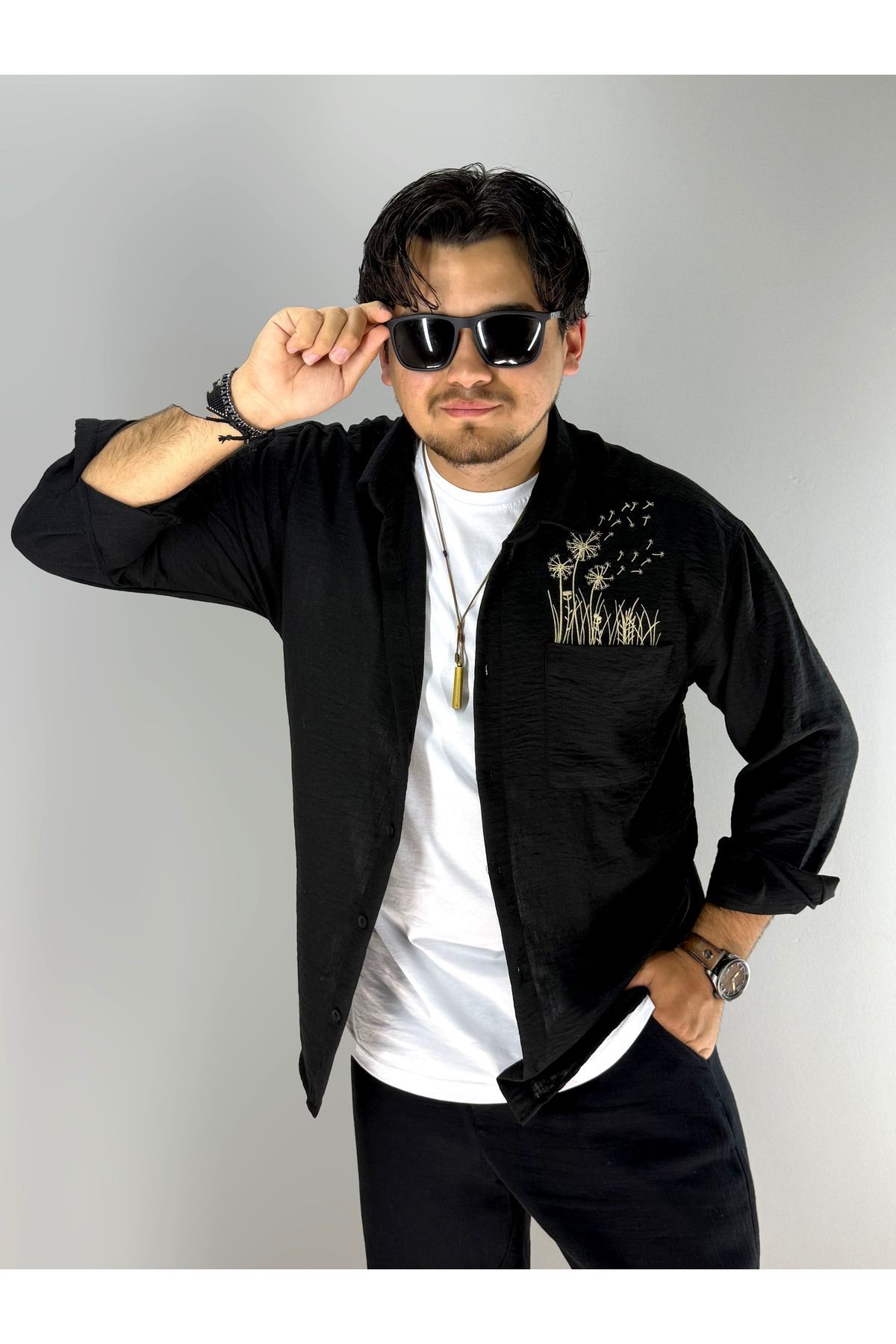 Nakışlı Pamuk Keten Oversize Gömlek(Siyah)
