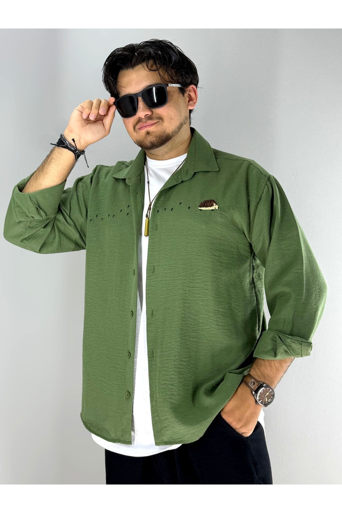 Kirpi Nakış Detaylı Oversize Gömlek(Haki)