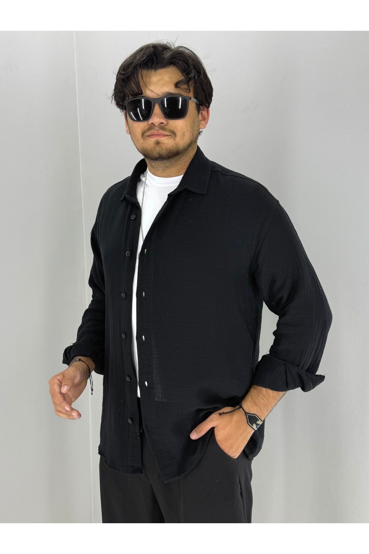 Müslin Oversize Rahat Kesim Gömlek (Siyah)