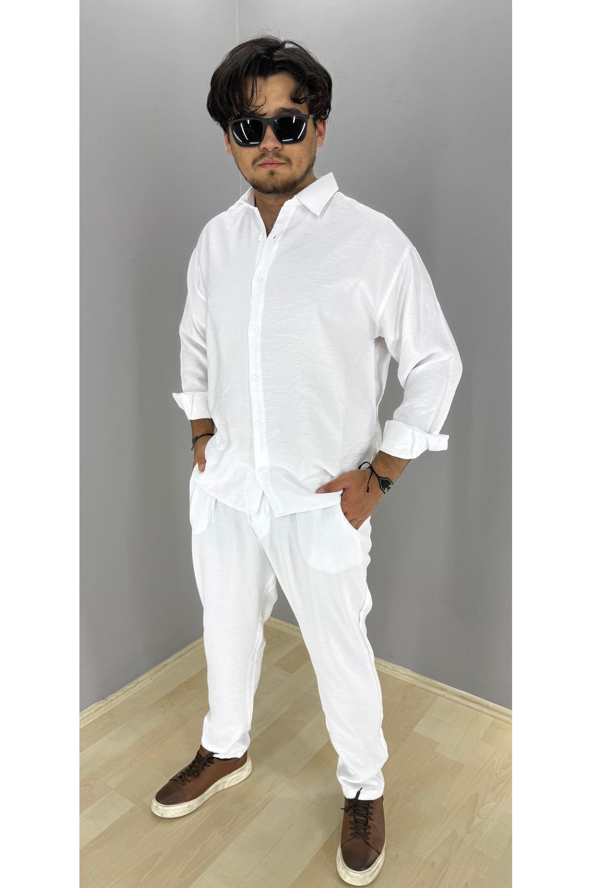 Modal Kumaş Gömlek ve Pantolon Takım Konsept (Beyaz)