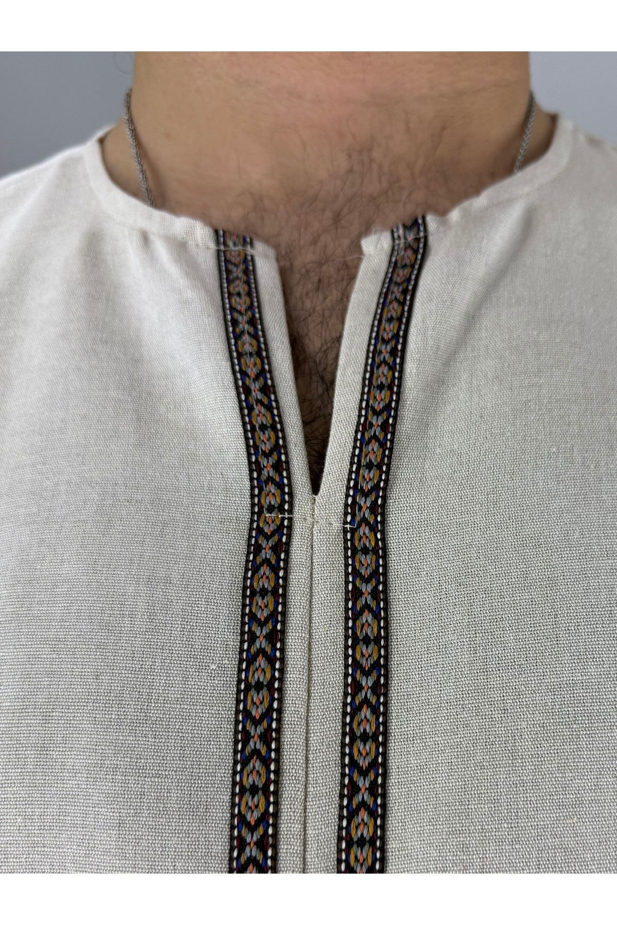 Armut Yaka Pat ve Kol Etnik Detaylı Keten T-Shirt (Bej)
