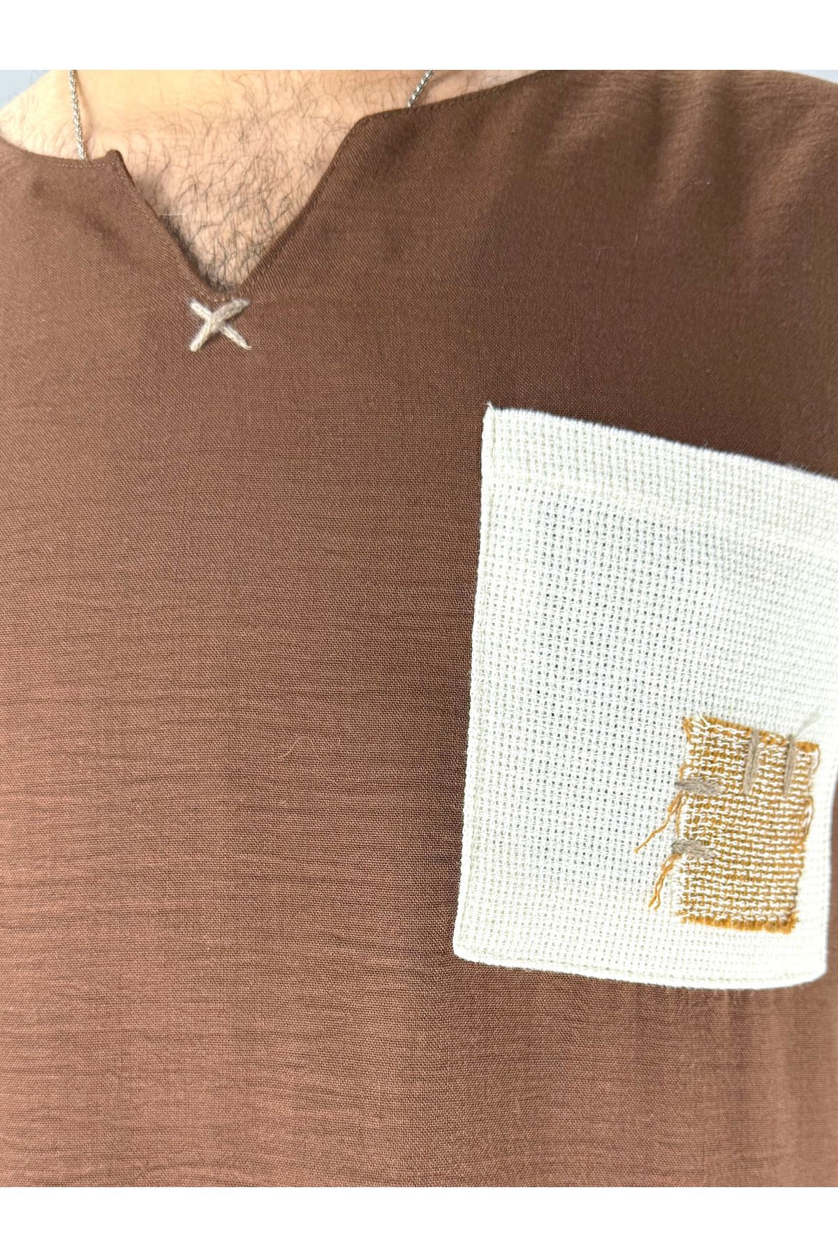 Muslin Armut Yaka ve Cep Etnik Desen T-shirt (Kahve)