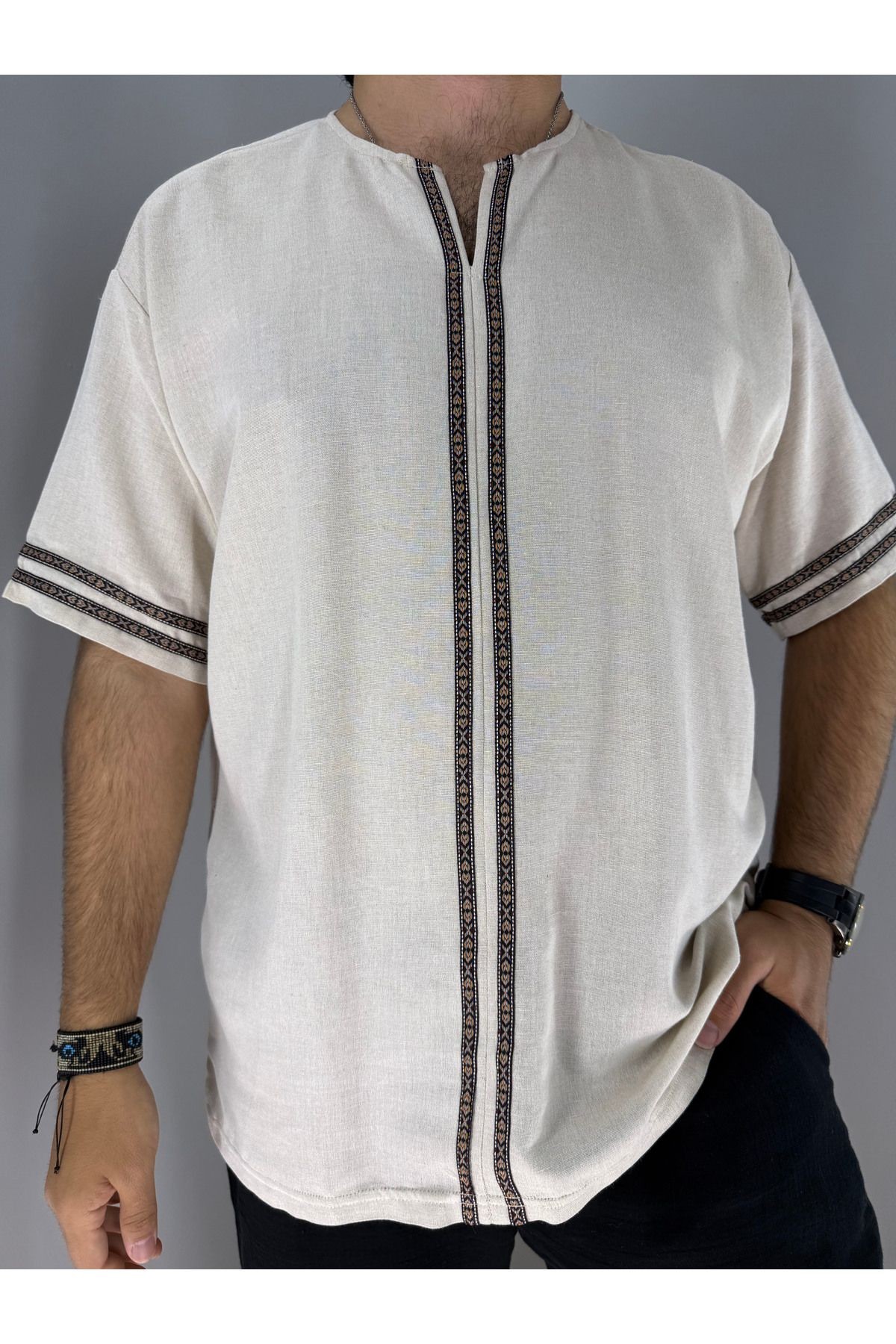 Armut Yaka Pat ve Kol Etnik Detaylı Keten T-Shirt (Bej)