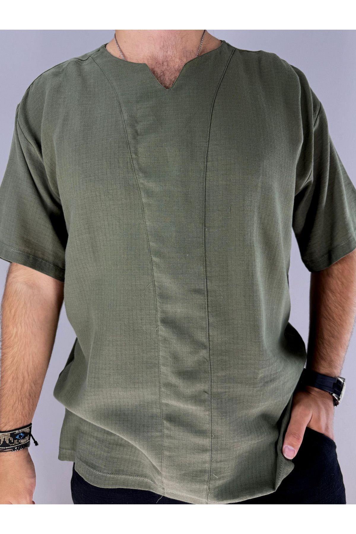 Armut Yaka Keten T-Shirt (Yeşil)