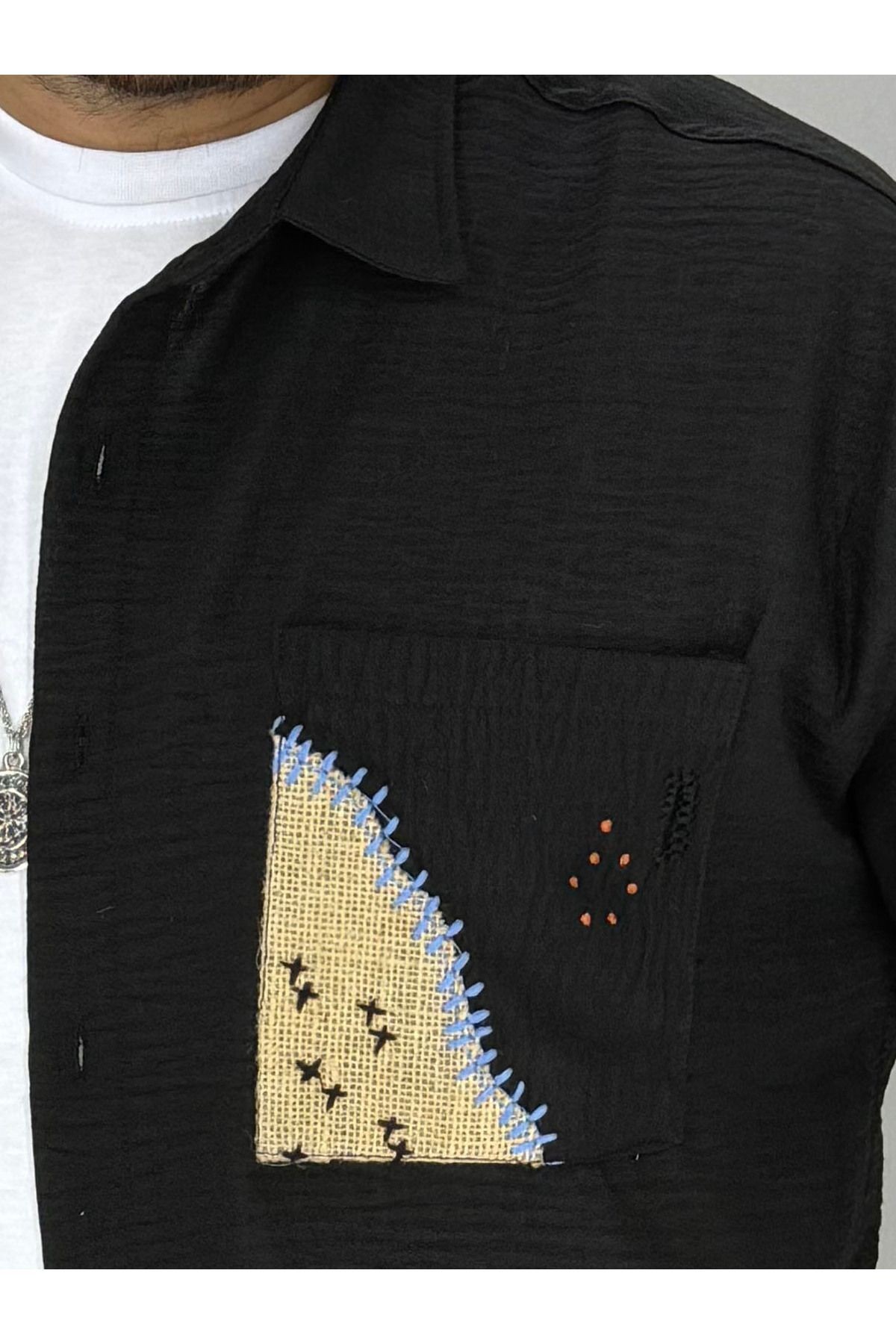 Nakış Hasır Cep Detaylı Oversize Gömlek (Siyah)