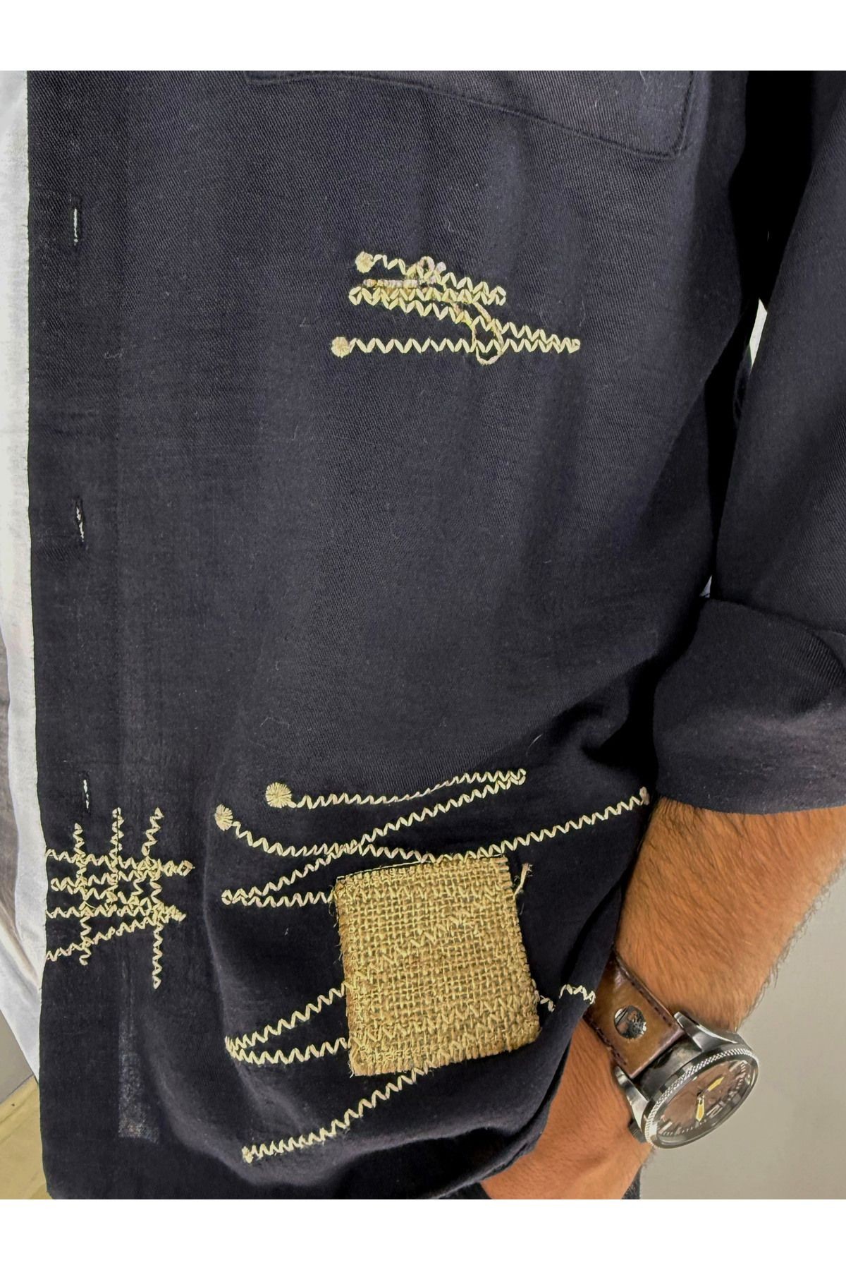 Zikzak Nakışlı Oversize Pamuk Keten Gömlek(Siyah)