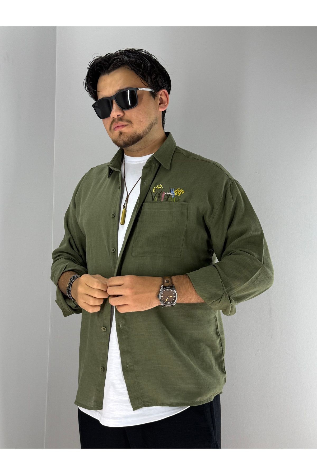 Cebi Çiçek Nakışlı Pamuk Keten Oversize Gömlek (HAKİ)