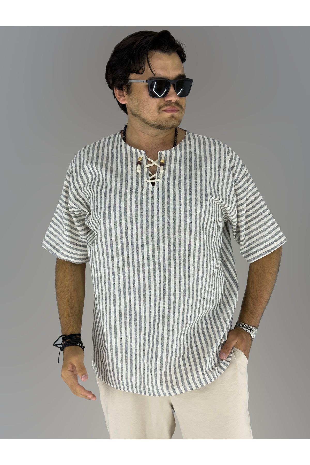 Pamuk Keten Armut Yaka Bağcık Detaylı T-shirt (SİYAH)