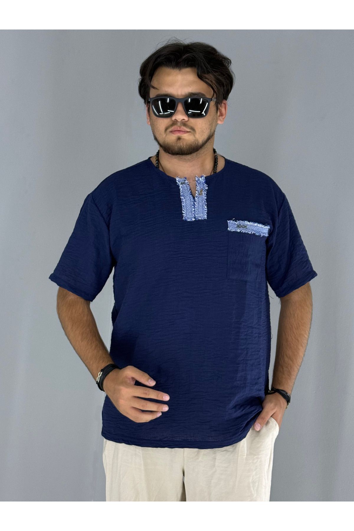 El Işi Yaka Ve Cep Pis Dikiş Oversize T-shirt (LACİVERT)