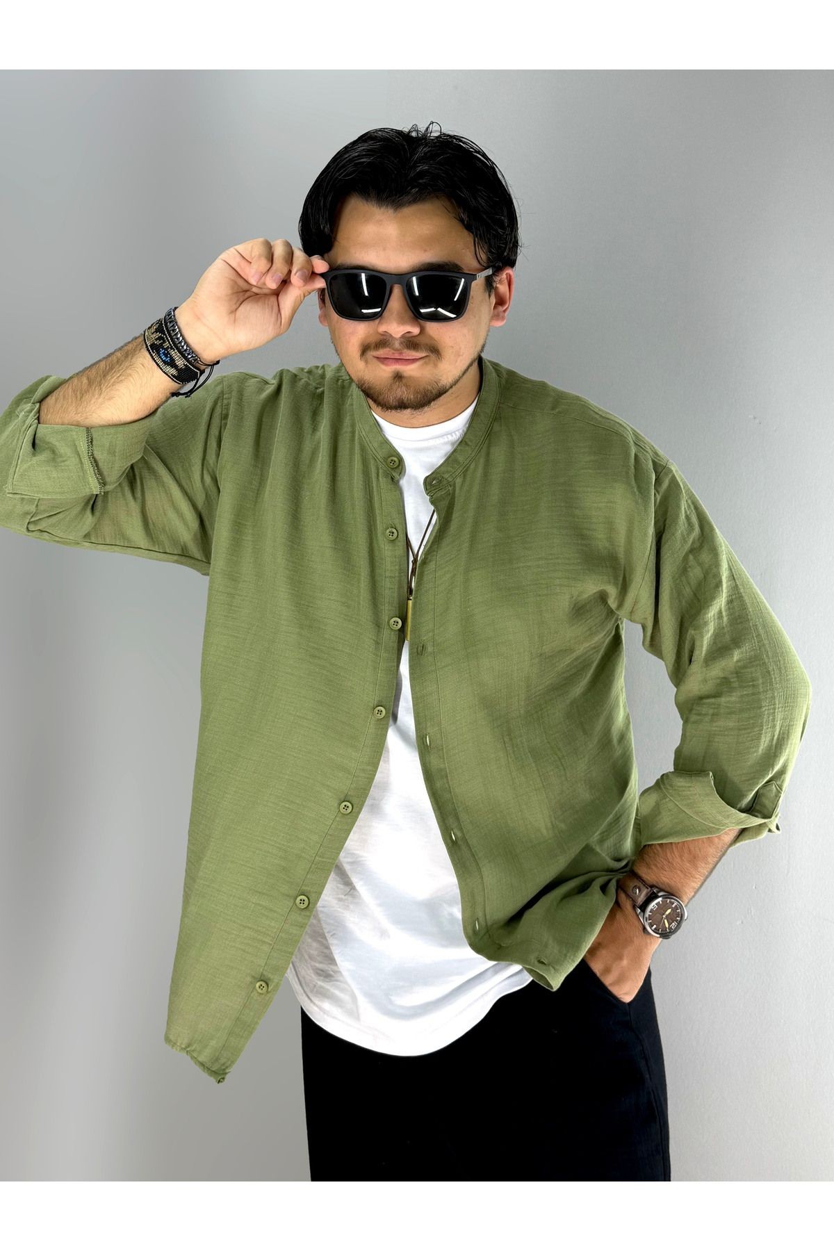 Müslim Kumaş rahat oversize Hakim Yaka Gömlek(Haki)