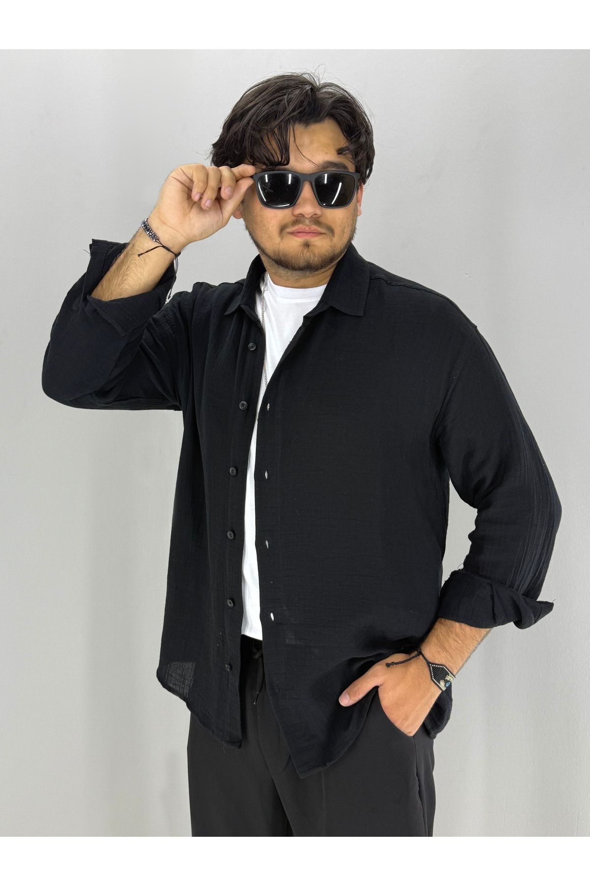 Müslin Oversize Rahat Kesim Gömlek (Siyah)