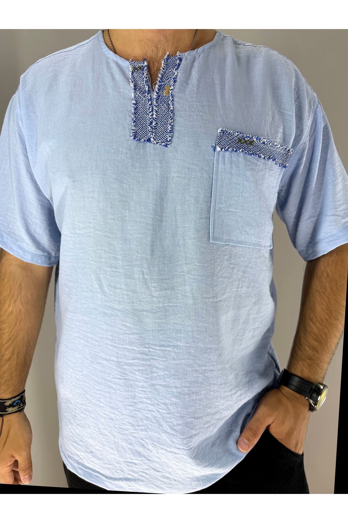 El Işi Yaka Ve Cep Pis Dikiş Oversize T-shirt (MAVİ)