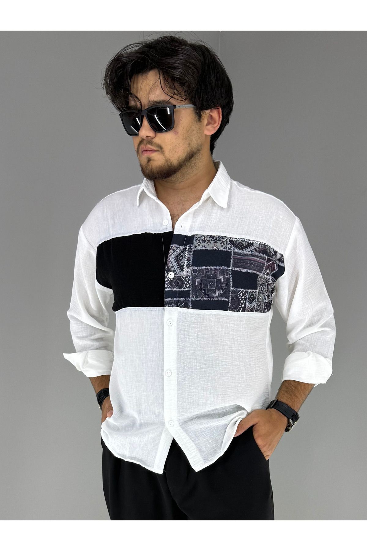 Oversize Garni Siyah Kilim Detaylı Bohem Pamuk Keten Gömlek (Beyaz)