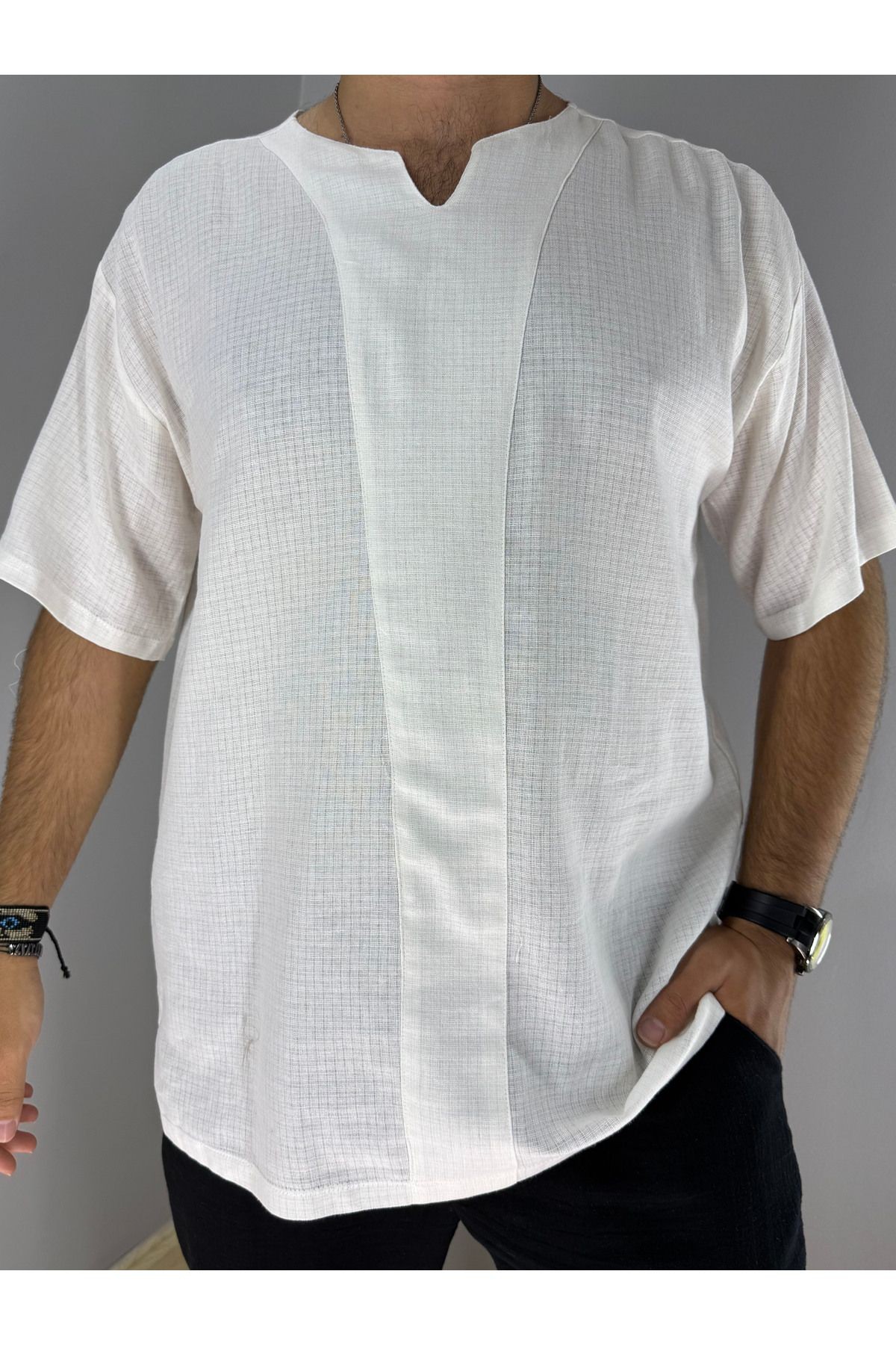 Armut Yaka Keten T-Shirt (Beyaz)