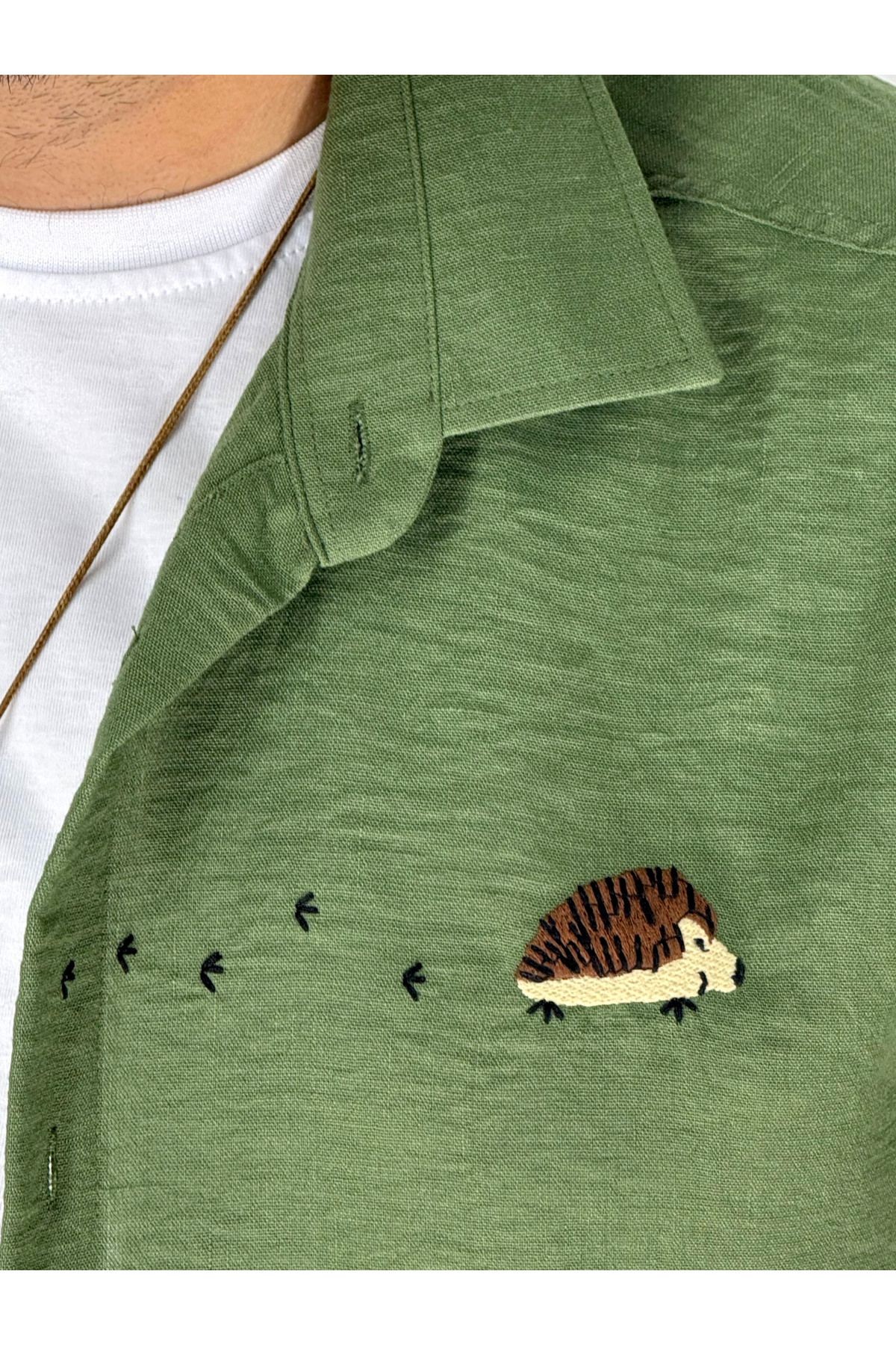 Kirpi Nakış Detaylı Oversize Gömlek(Haki)
