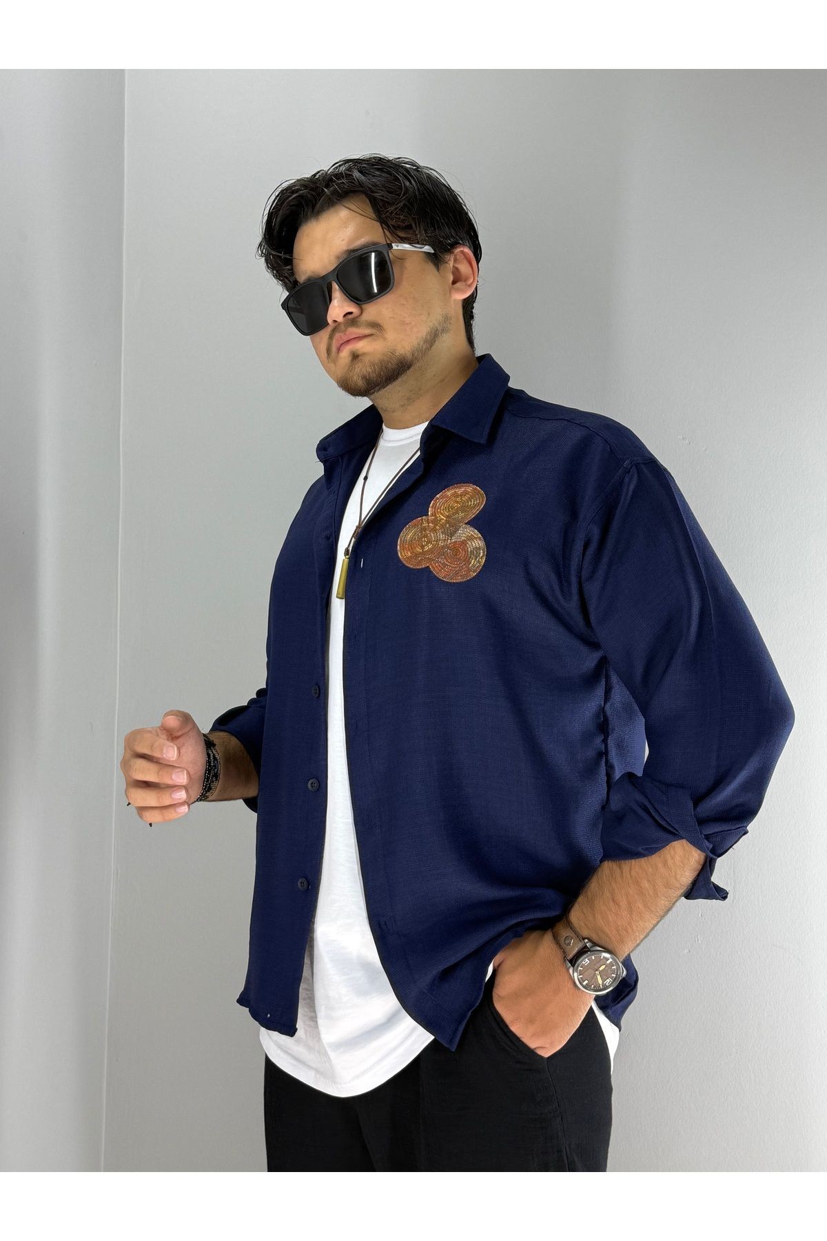 Disket Etnik Nakış Detaylı Oversize Gömlek(Lacivert)