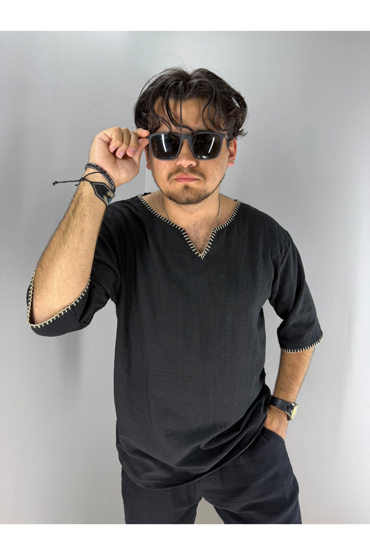 El İşi Kroşata Armut Yaka ve Kol Detaylı Oversize T-Shirt (Siyah)