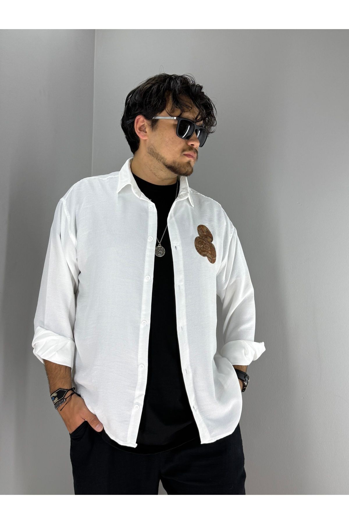 Disket Etnik Nakış Detaylı Oversize Gömlek(Beyaz)