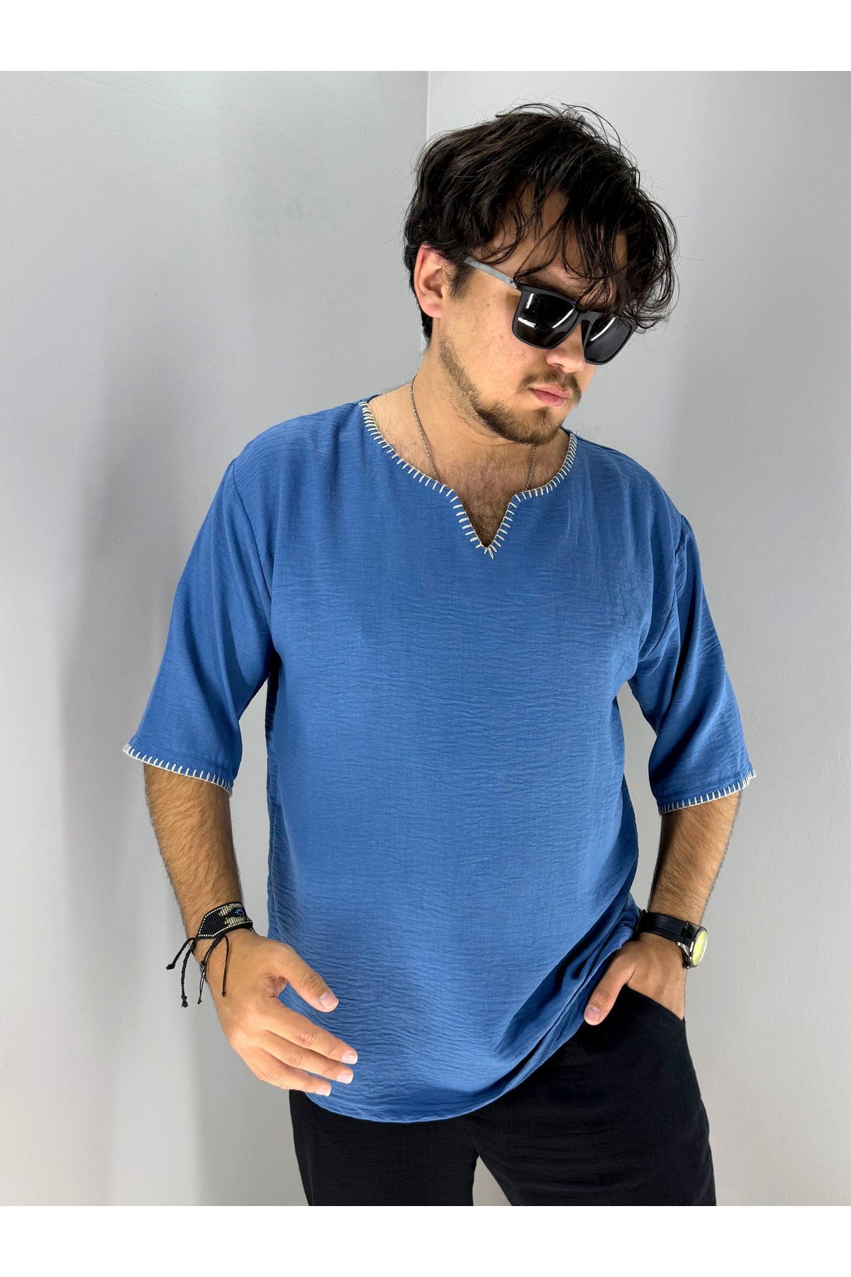 El İşi Kroşata Armut Yaka ve Kol Detaylı Oversize T-Shirt (Mavi)