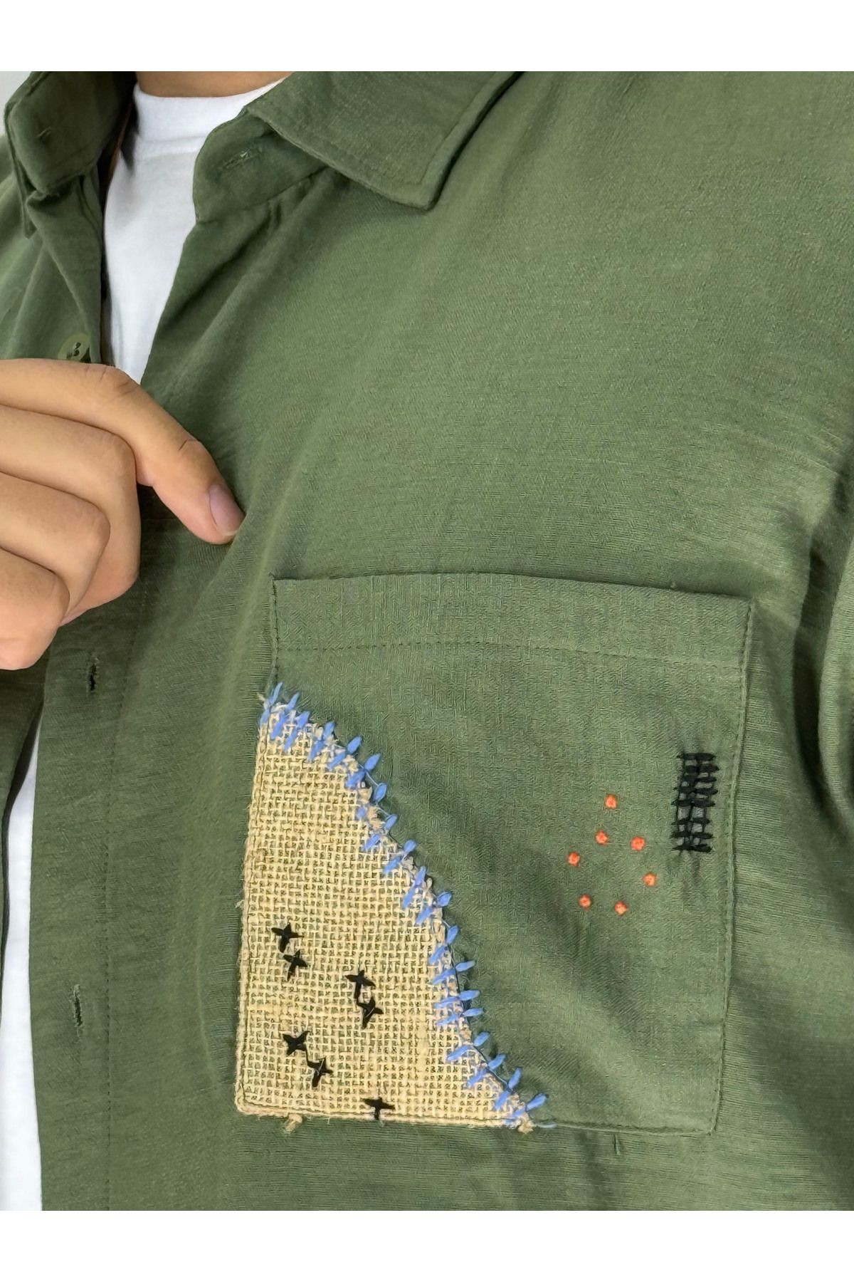 Nakış Hasır Cep Detaylı Oversize Gömlek(Haki)