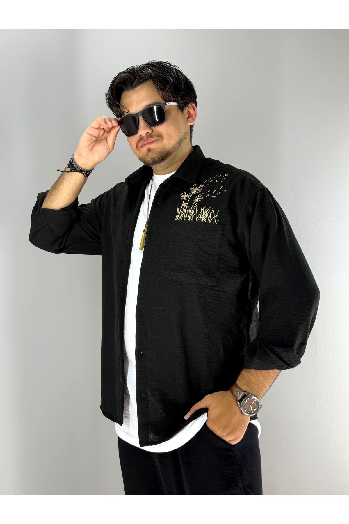 Nakışlı Pamuk Keten Oversize Gömlek(Siyah)