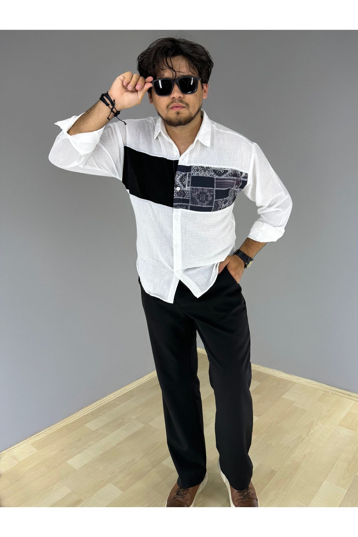 Oversize Garni Siyah Kilim Detaylı Bohem Pamuk Keten Gömlek (Beyaz)