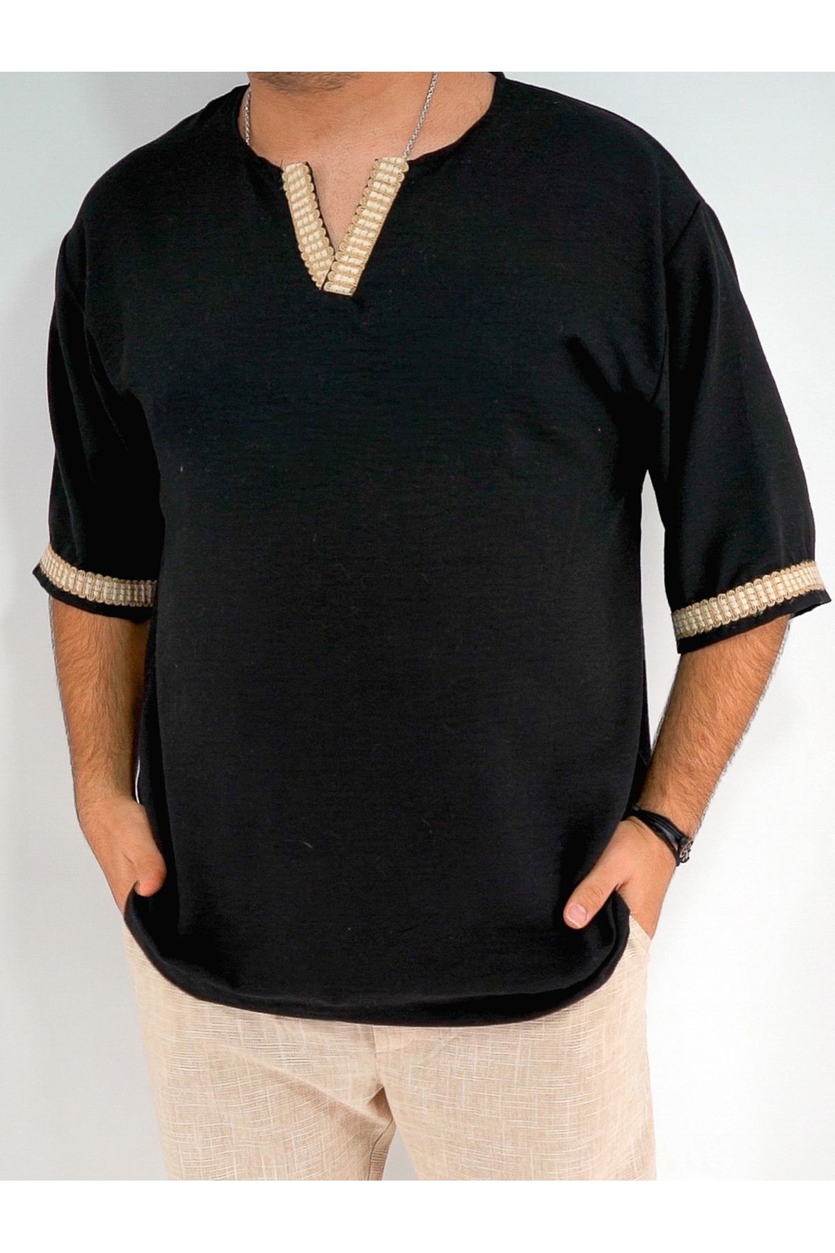 Müsli Hasır Yaka Ve Kol Detaylı T-shirt (SİYAH)