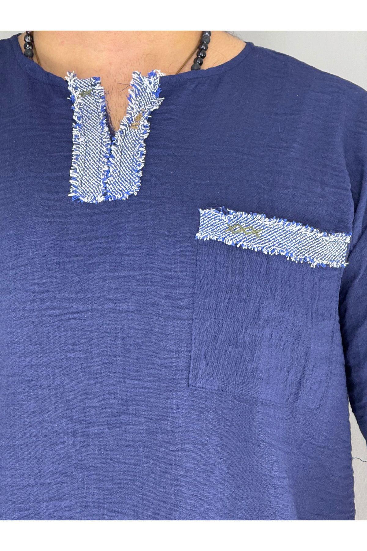 El Işi Yaka Ve Cep Pis Dikiş Oversize T-shirt (LACİVERT)