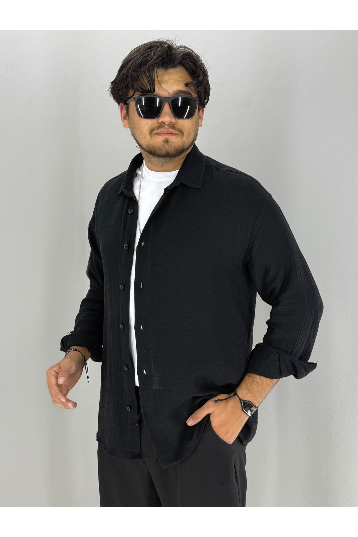 Müslin Oversize Rahat Kesim Gömlek (Siyah)