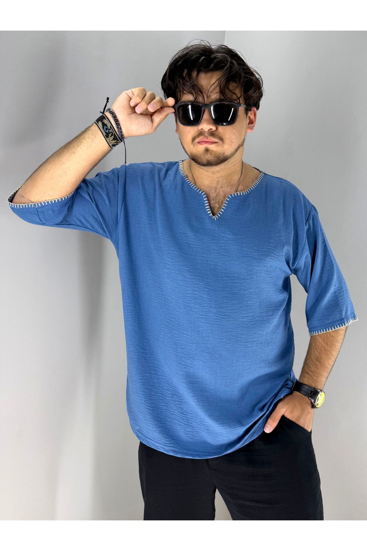 El İşi Kroşata Armut Yaka ve Kol Detaylı Oversize T-Shirt (Mavi)