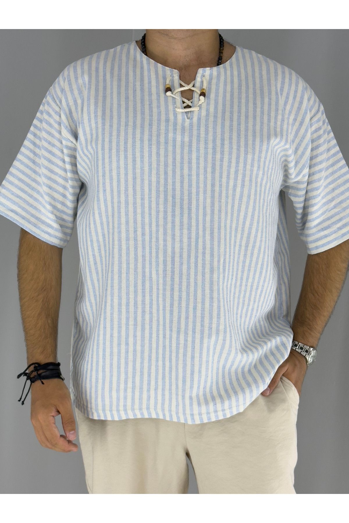 Pamuk Keten Armut Yaka Bağcık Detaylı T-shirt (MAVİ)