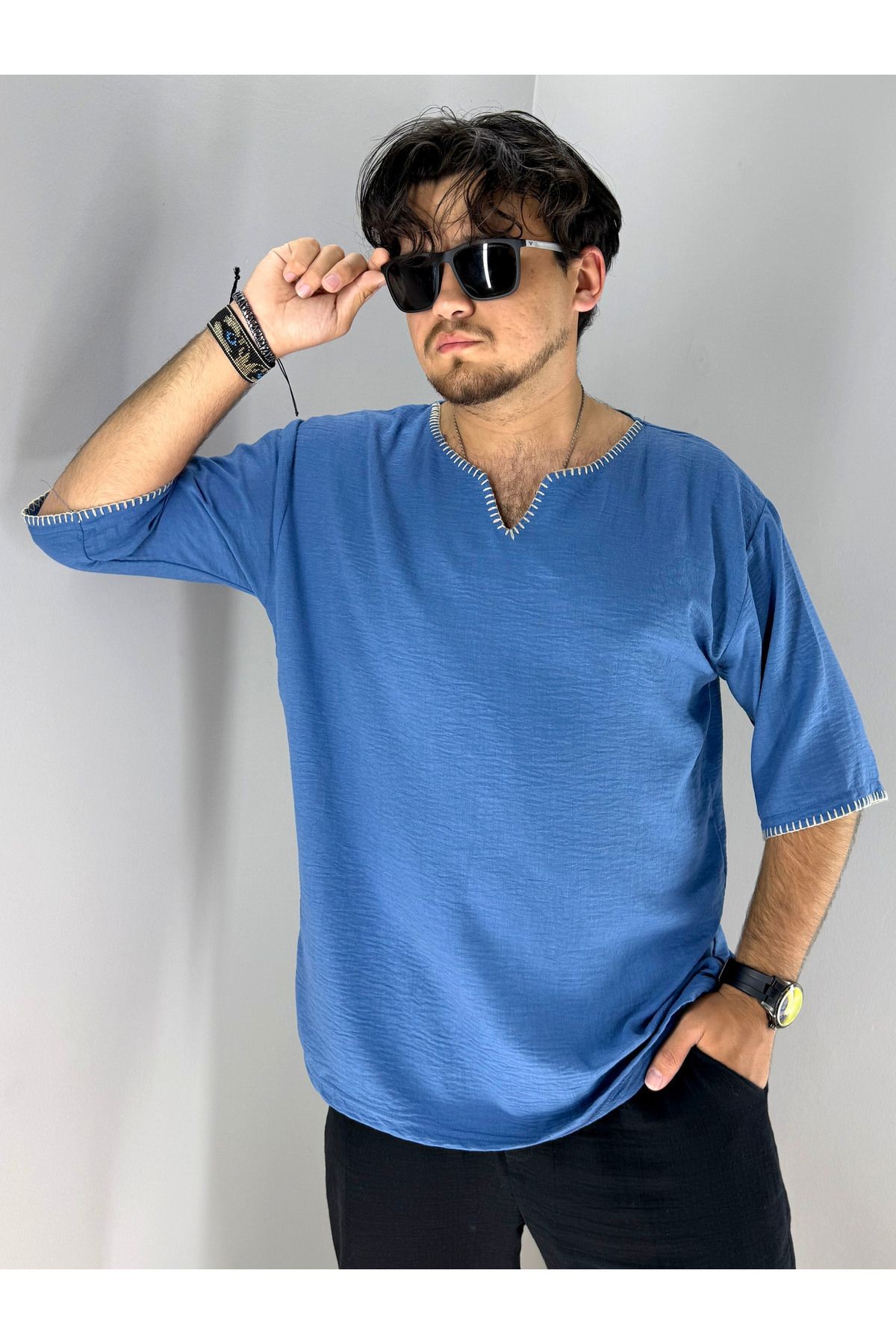 El İşi Kroşata Armut Yaka ve Kol Detaylı Oversize T-Shirt (Mavi)