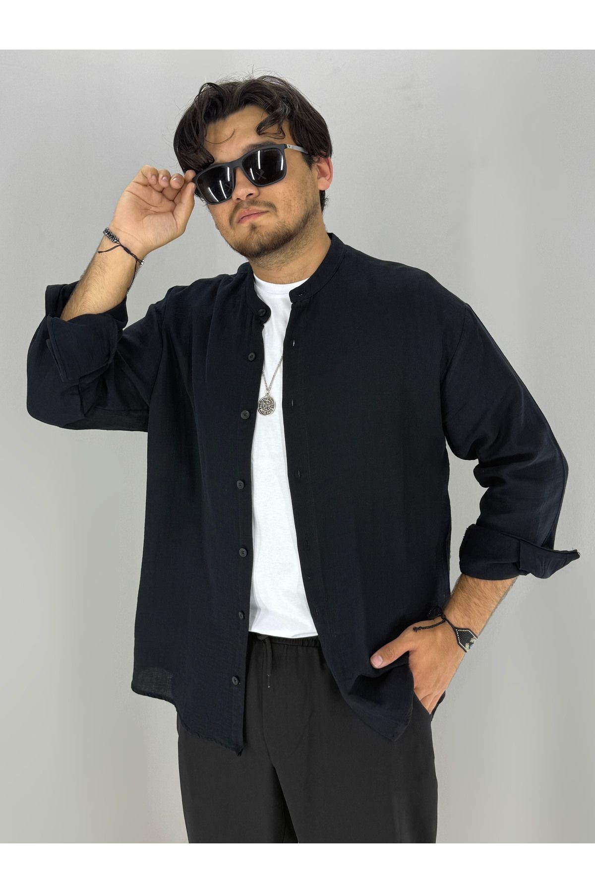 Müslim Kumaş rahat oversize Hakim Yaka Gömlek (Siyah)