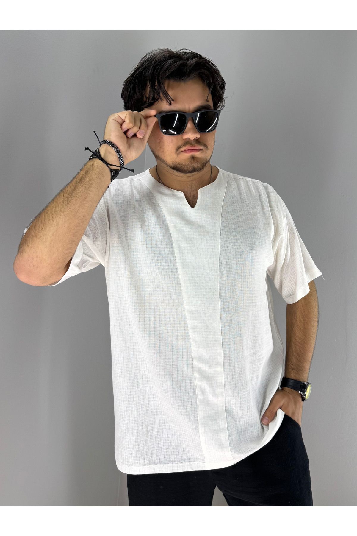 Armut Yaka Keten T-Shirt (Beyaz)
