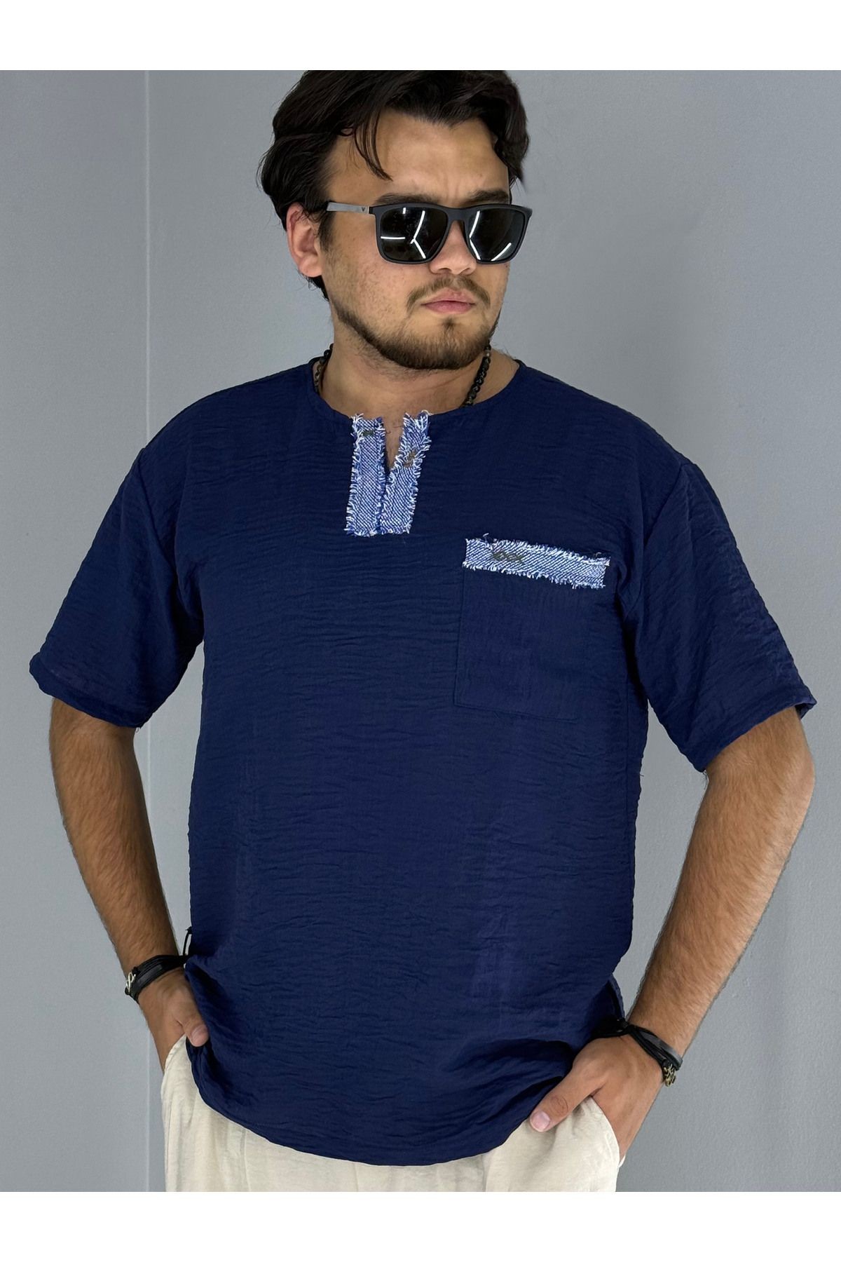 El Işi Yaka Ve Cep Pis Dikiş Oversize T-shirt (LACİVERT)