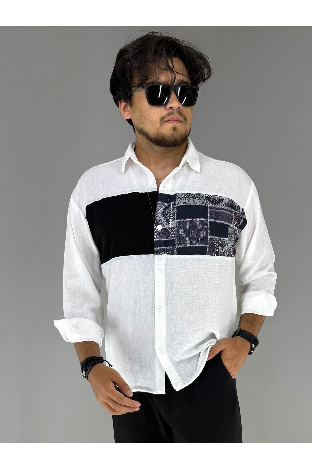 Oversize Garni Siyah Kilim Detaylı Bohem Pamuk Keten Gömlek (Beyaz)