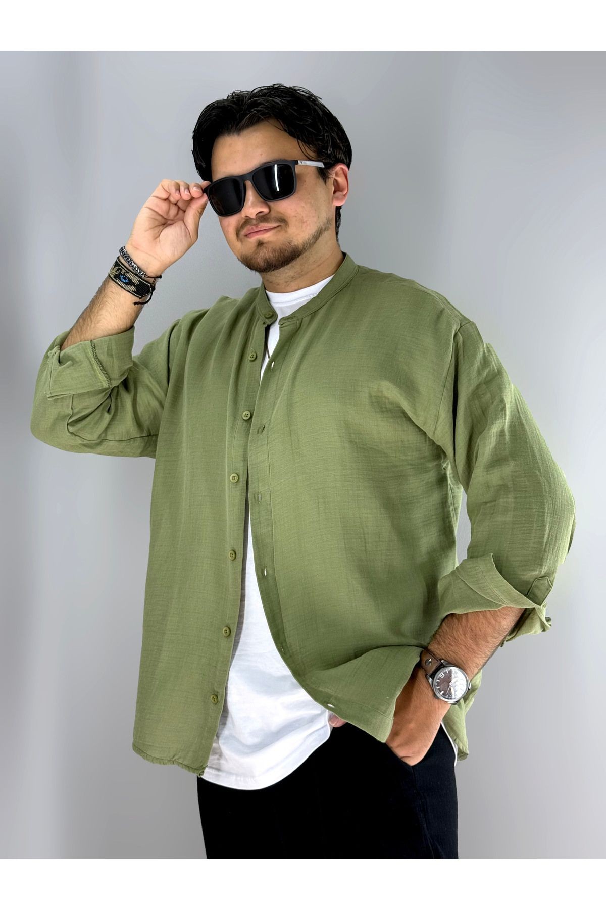 Müslim Kumaş rahat oversize Hakim Yaka Gömlek(Haki)