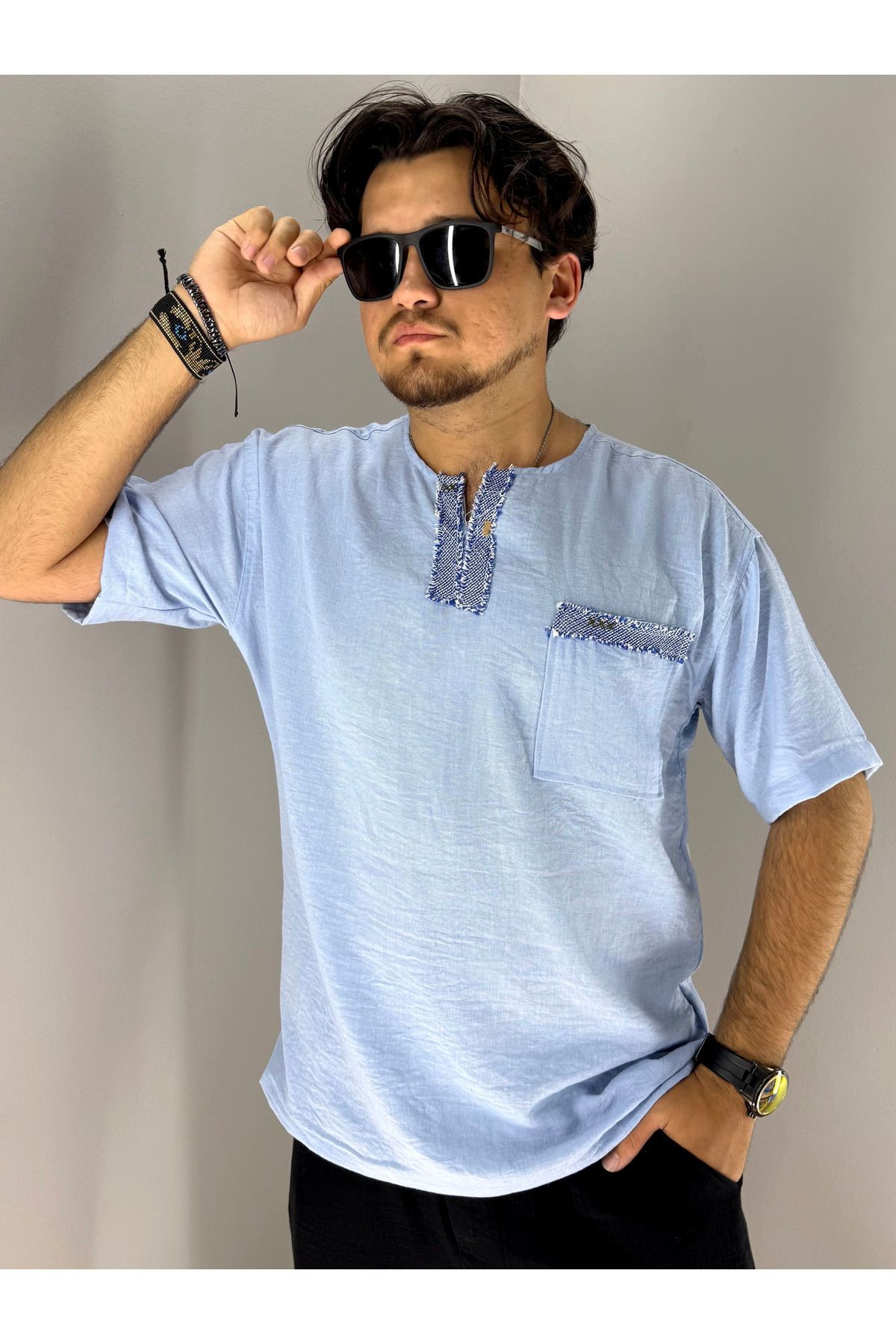 El Işi Yaka Ve Cep Pis Dikiş Oversize T-shirt (MAVİ)