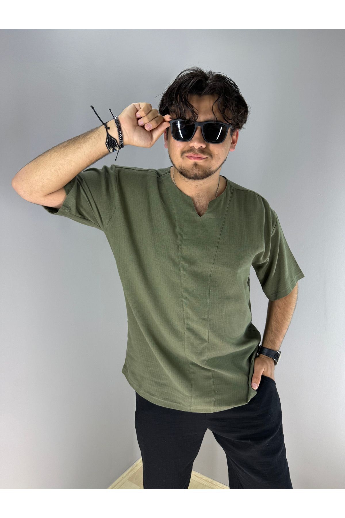 Armut Yaka Keten T-Shirt (Yeşil)