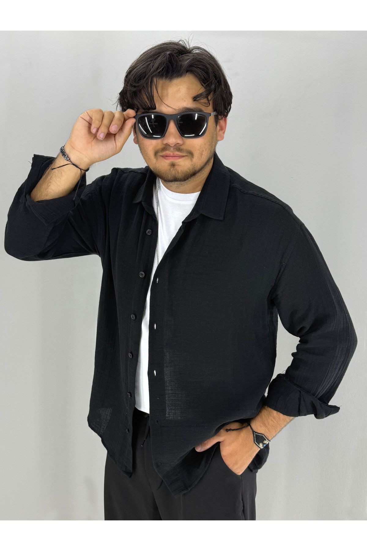 Müslin Oversize Rahat Kesim Gömlek (Siyah)