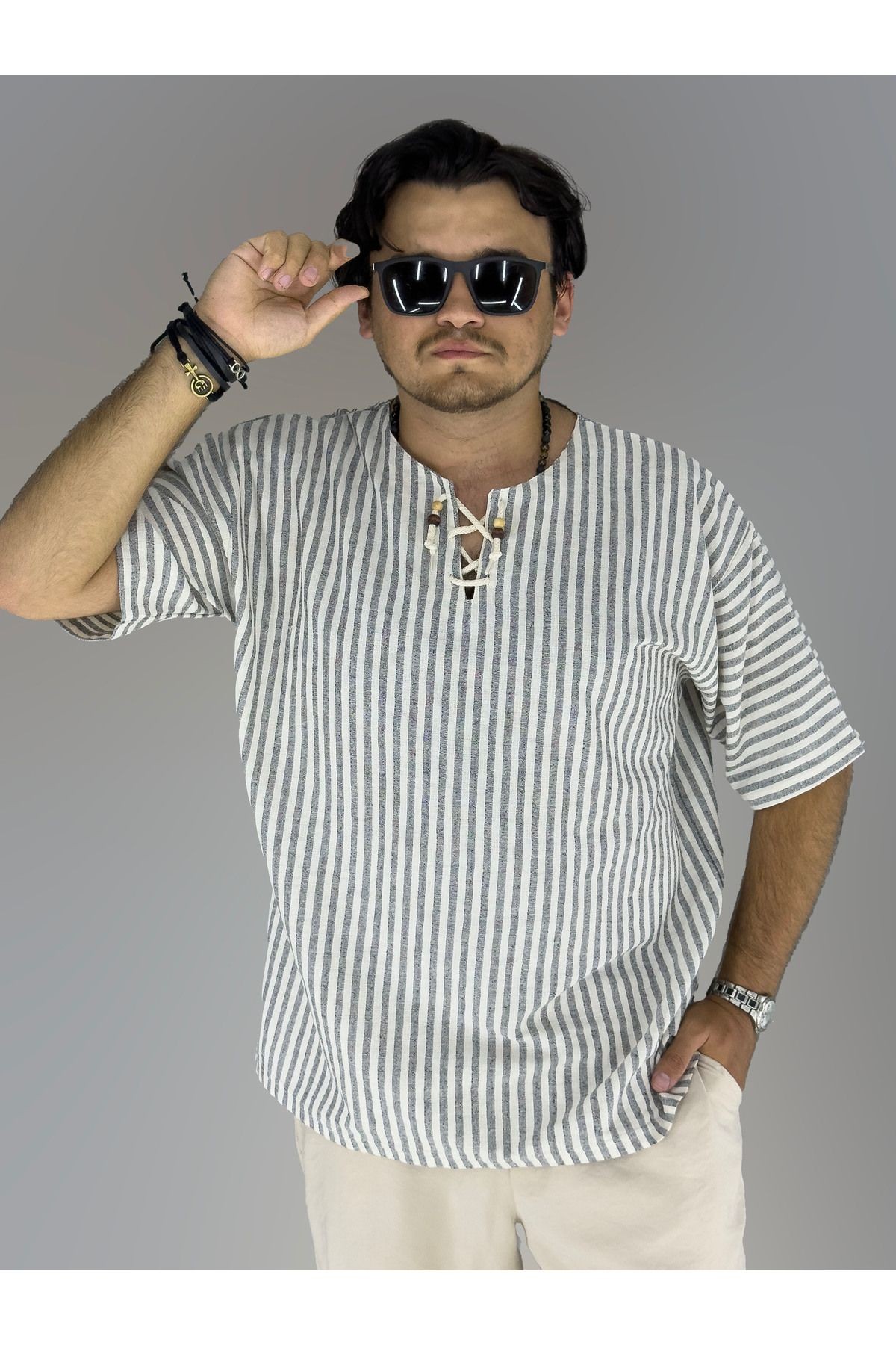 Pamuk Keten Armut Yaka Bağcık Detaylı T-shirt (SİYAH)